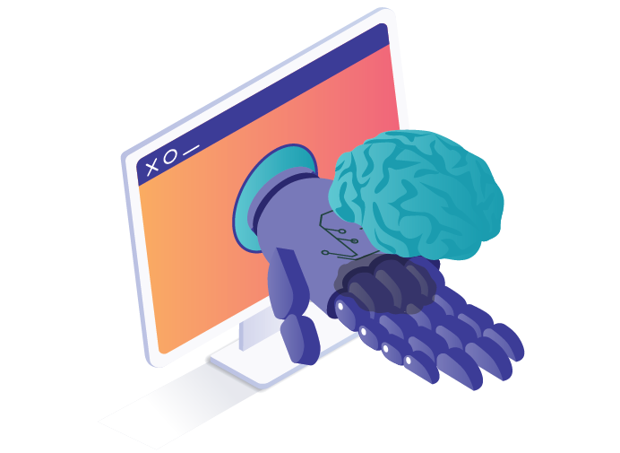 human hand holding a brain emerging from a computer screen